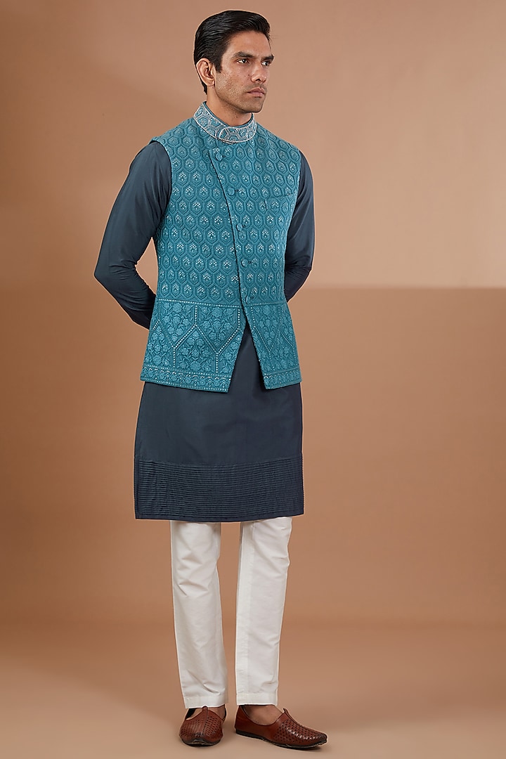 Blue Silk Embroidered Bundi Jacket Set by SBJ