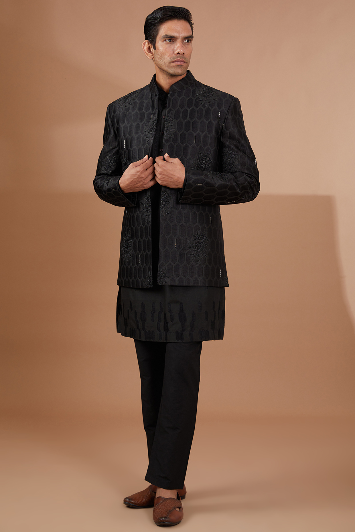 Black Cotton Silk Thread Embroidered Indowestern Set by SBJ
