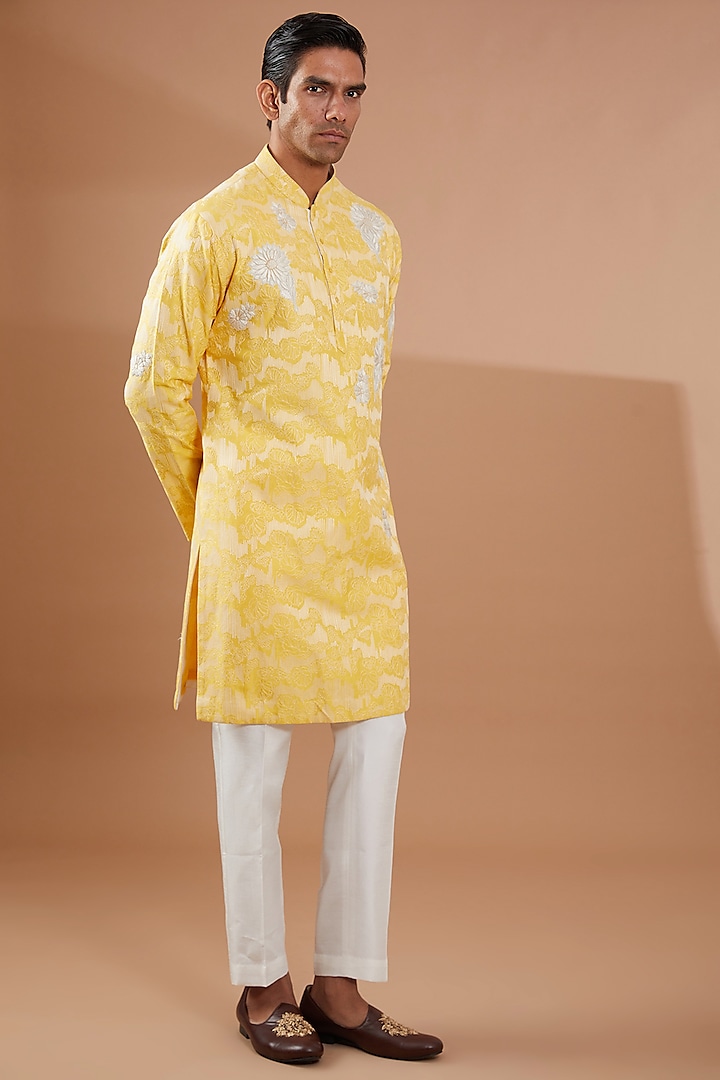 Yellow Silk Thread Embroidered Kurta Set by SBJ