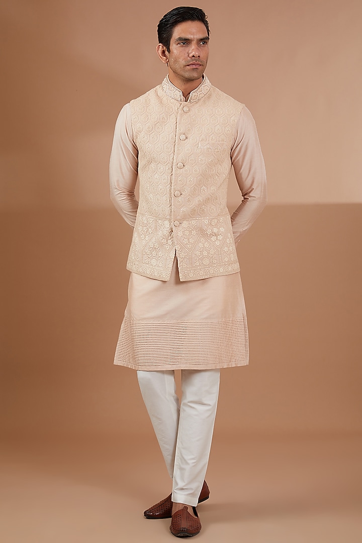 Beige Lucknowi Bundi Jacket Set by SBJ