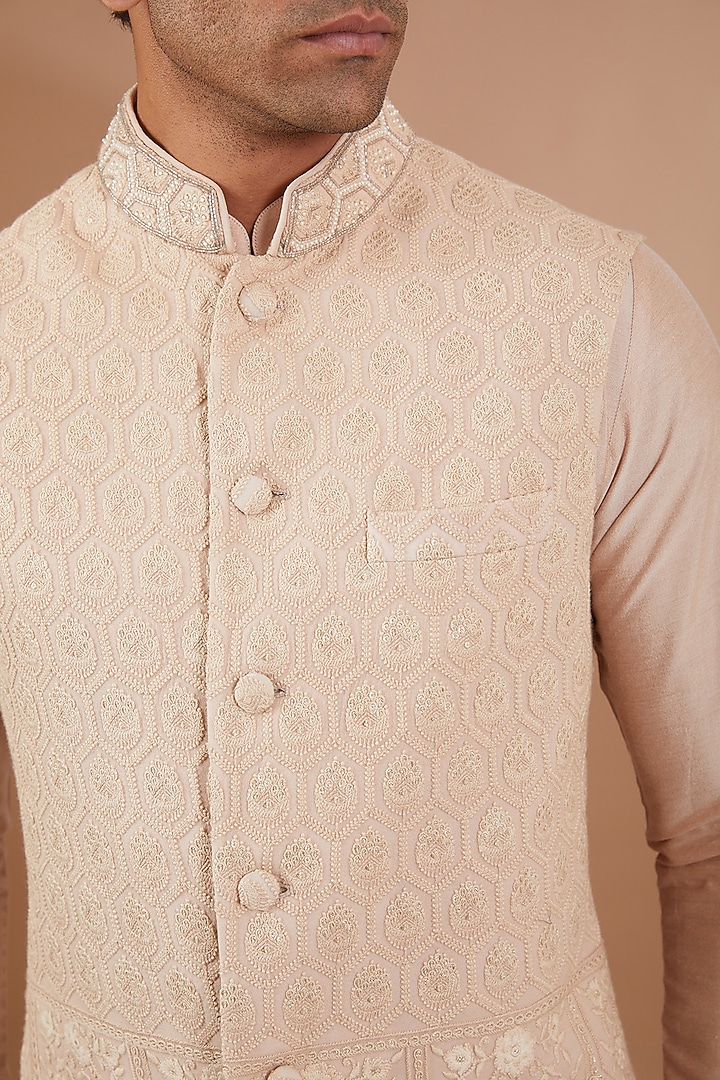 Beige Lucknowi Bundi Jacket Set by SBJ at Pernia's Pop Up Shop