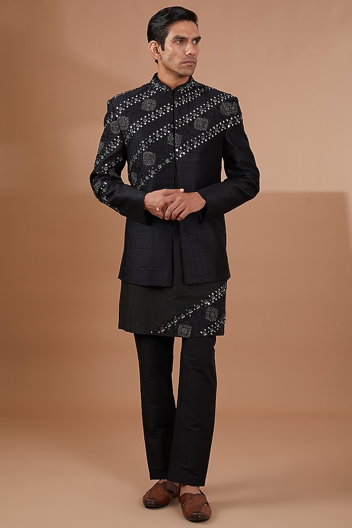 Black Raw Silk Indo-Western Set by SBJ