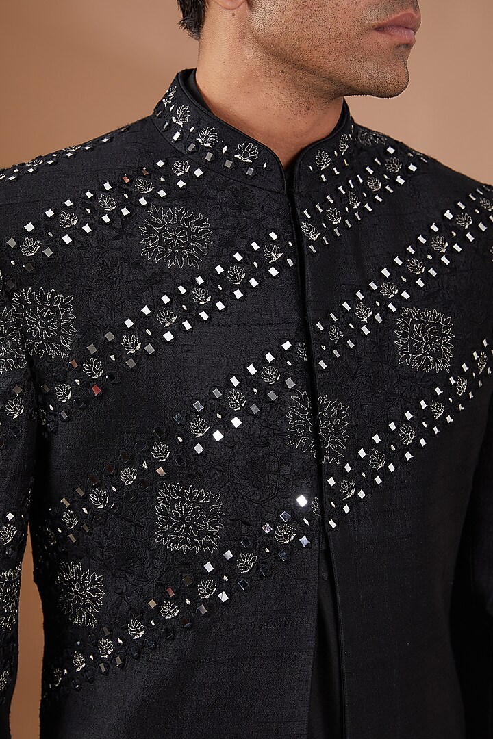 Black Raw Silk Indo-Western Set by SBJ at Pernia's Pop Up Shop