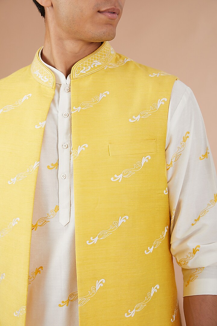 Yellow Silk Nehru Jacket Set by SBJ at Pernia's Pop Up Shop