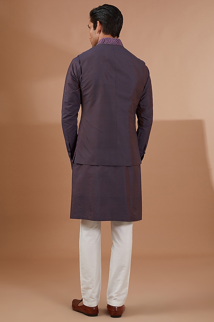 Purple Silk Embroidered Nehru Jacket Set by SBJ at Pernia's Pop Up Shop