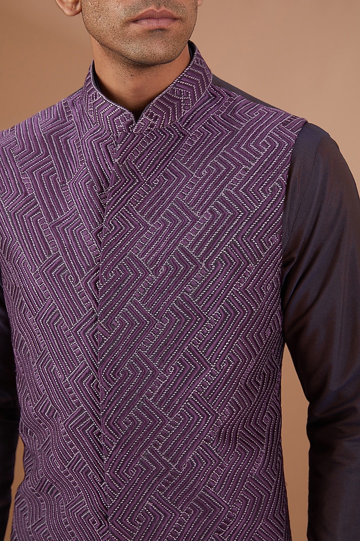 Purple Silk Embroidered Nehru Jacket Set by SBJ at Pernia's Pop Up Shop