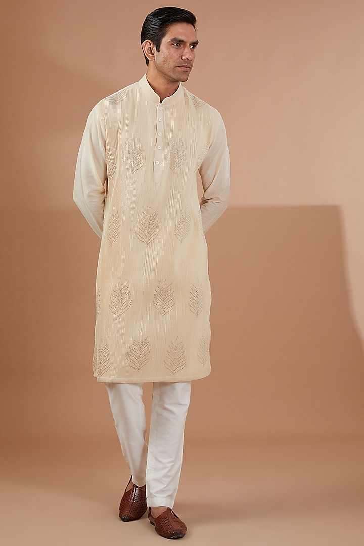 Ivory Cotton Silk Kurta Set by SBJ