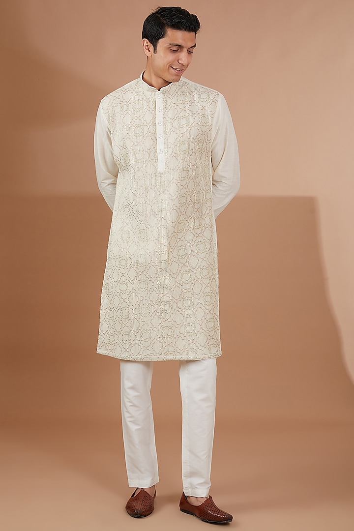 Ivory Cotton Silk Kurta Set by SBJ