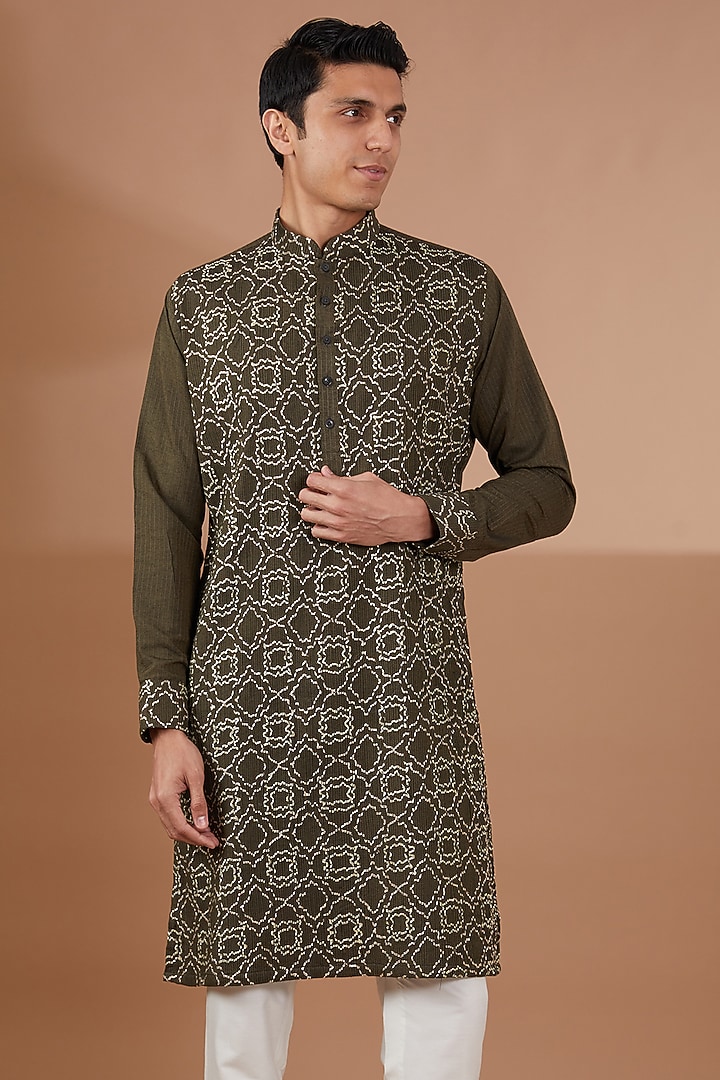 Green Cotton Silk Kurta Set by SBJ at Pernia's Pop Up Shop