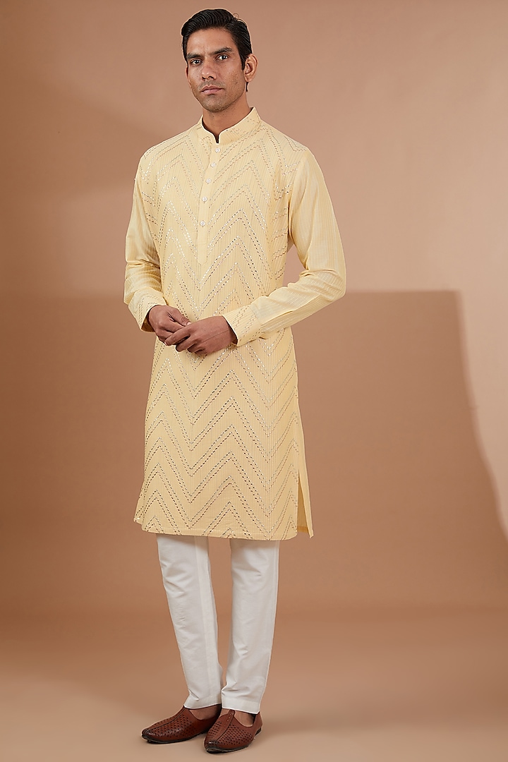 Yellow Cotton Silk Kurta Set by SBJ at Pernia's Pop Up Shop