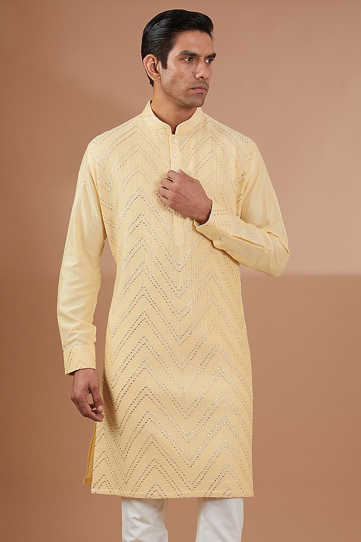 Yellow Cotton Silk Kurta Set by SBJ at Pernia's Pop Up Shop
