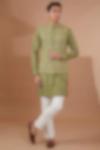 Green Lucknowi Fabric Nehru Jacket Set by SBJ