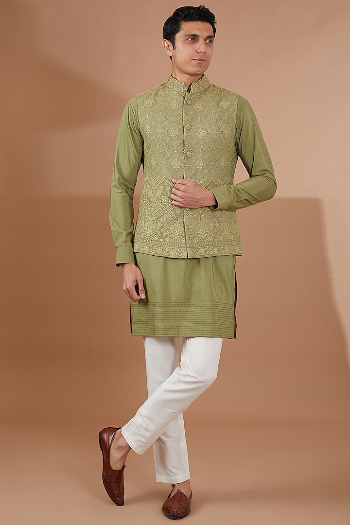 Green Lucknowi Fabric Nehru Jacket Set by SBJ