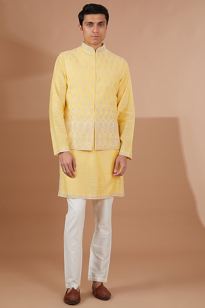 Yellow Silk Embroidered Nehru Jacket Set by SBJ at Pernia's Pop Up Shop