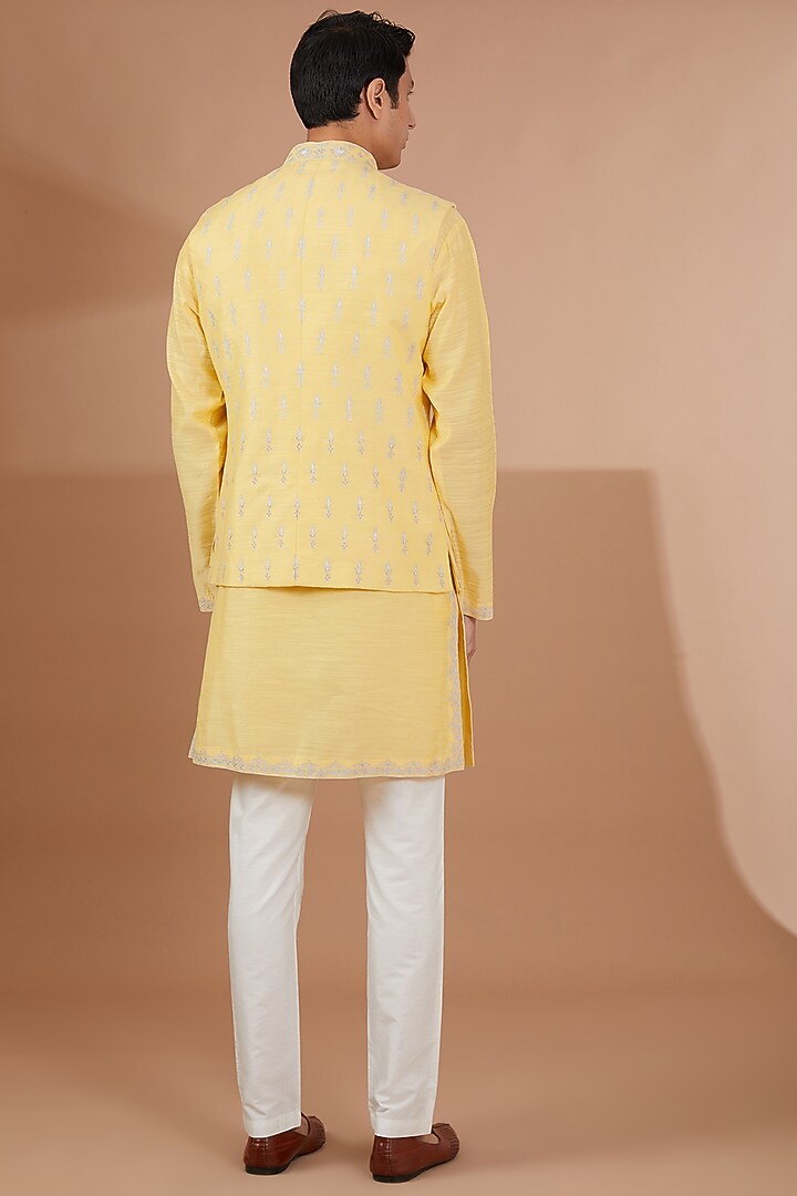 Yellow Silk Embroidered Nehru Jacket Set by SBJ at Pernia's Pop Up Shop