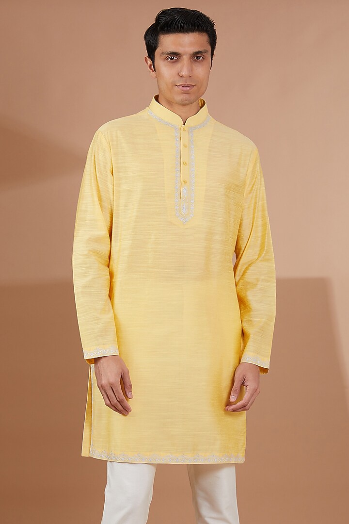 Yellow Silk Embroidered Nehru Jacket Set by SBJ at Pernia's Pop Up Shop
