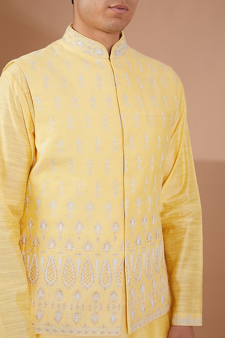 Yellow Silk Embroidered Nehru Jacket Set by SBJ at Pernia's Pop Up Shop
