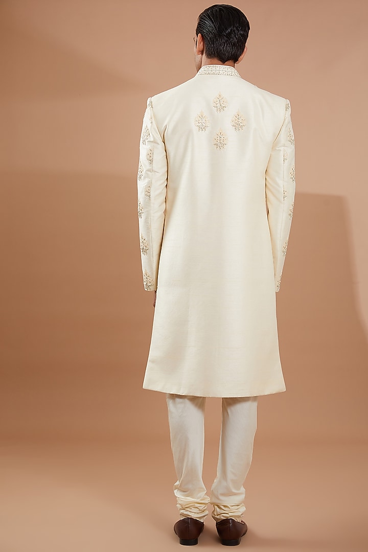 Ivory Raw Silk Groom Sherwani Set by SBJ at Pernia's Pop Up Shop