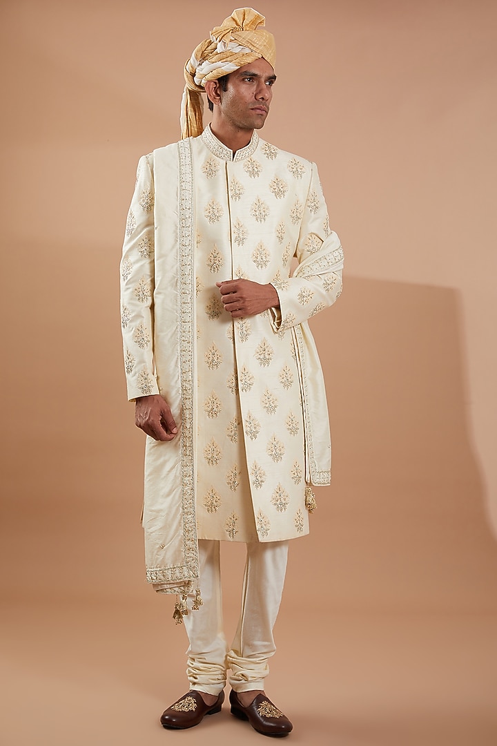 Ivory Raw Silk Groom Sherwani Set by SBJ at Pernia's Pop Up Shop