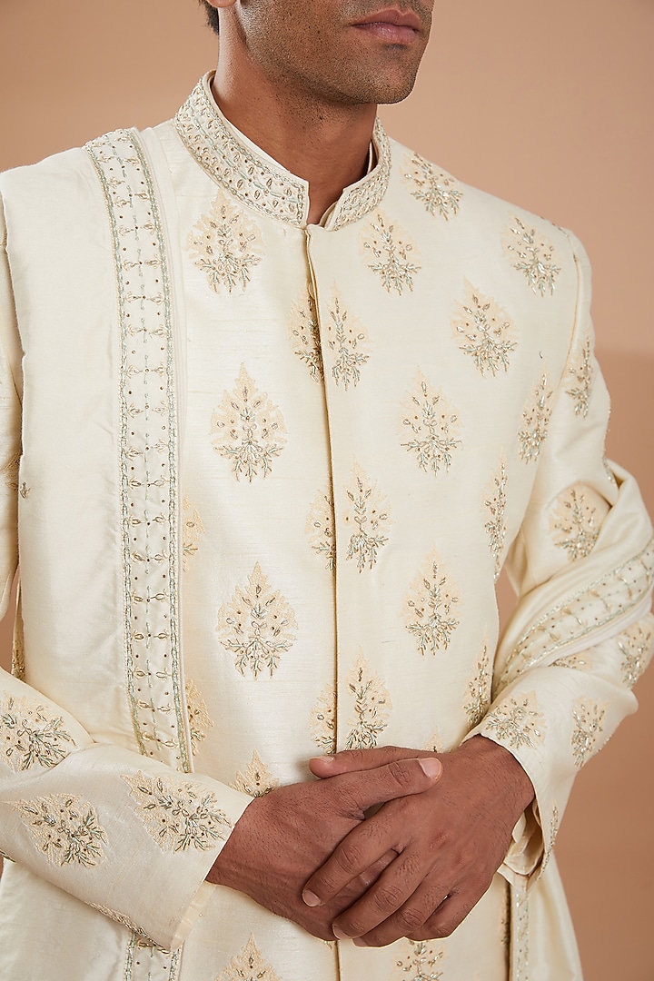 Ivory Raw Silk Groom Sherwani Set by SBJ at Pernia's Pop Up Shop