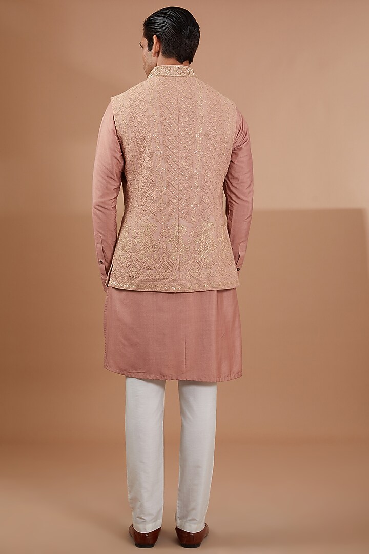 Peach Silk Embroidered Nehru Jacket Set by SBJ at Pernia's Pop Up Shop
