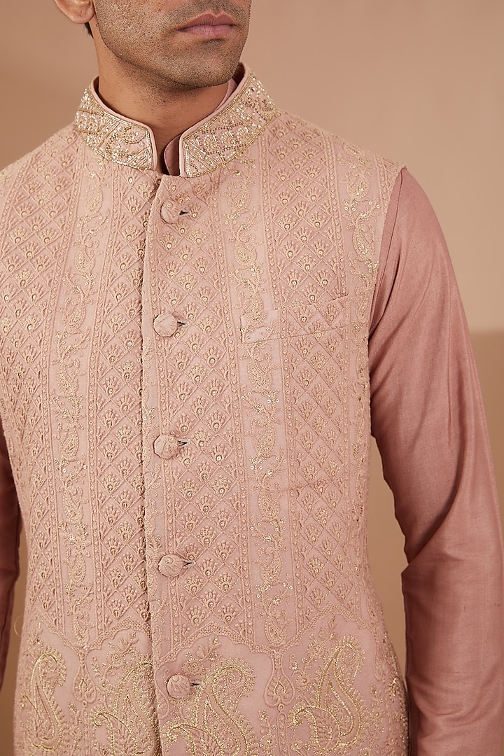 Peach Silk Embroidered Nehru Jacket Set by SBJ at Pernia's Pop Up Shop