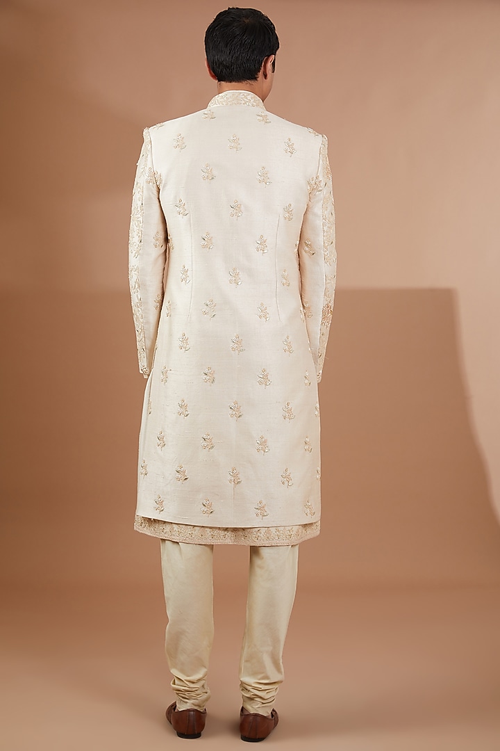 Ivory Raw Silk Groom Sherwani Set by SBJ at Pernia's Pop Up Shop
