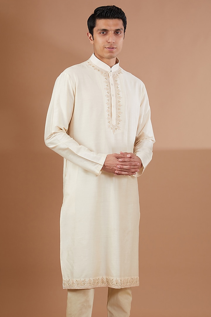 Ivory Raw Silk Groom Sherwani Set by SBJ at Pernia's Pop Up Shop