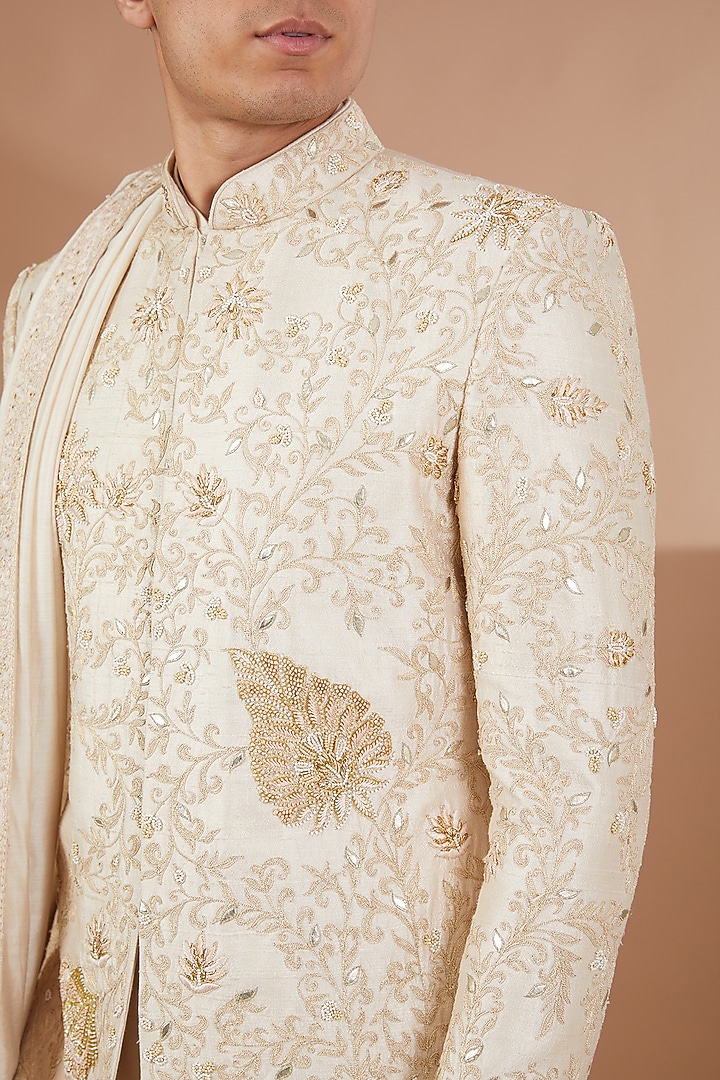 Ivory Raw Silk Groom Sherwani Set by SBJ at Pernia's Pop Up Shop