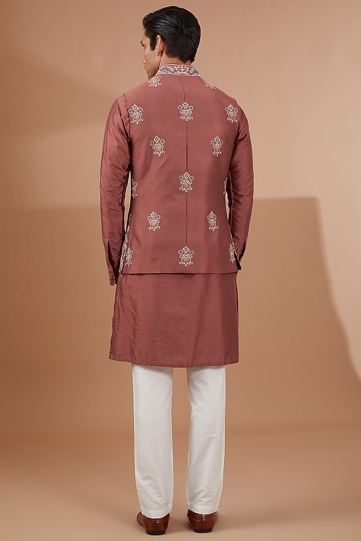 Rust Silk Embroidered Nehru Jacket Set by SBJ at Pernia's Pop Up Shop