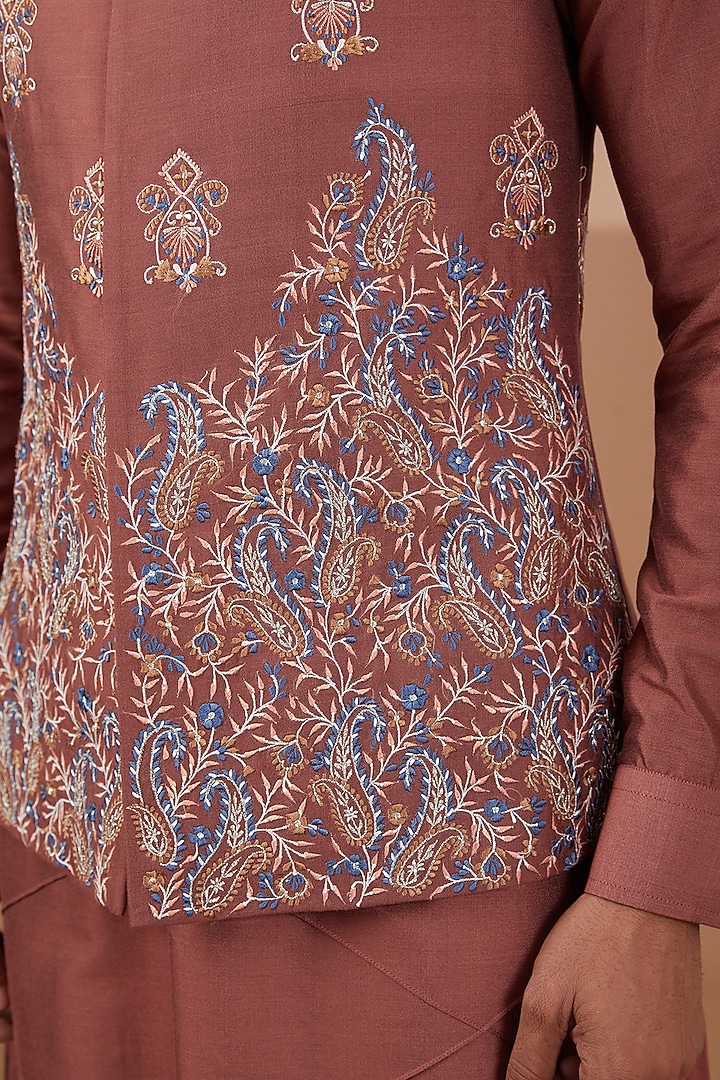 Rust Silk Embroidered Nehru Jacket Set by SBJ at Pernia's Pop Up Shop