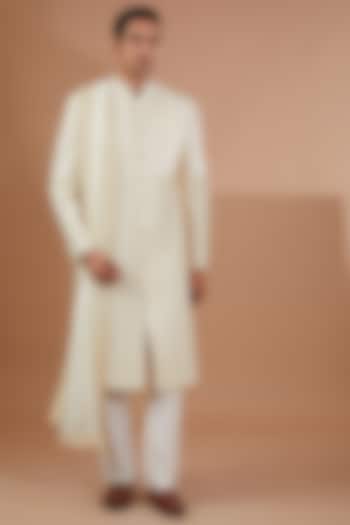 Ivory Lucknowi Fabric Wedding Sherwani Set by SBJ at Pernia's Pop Up Shop