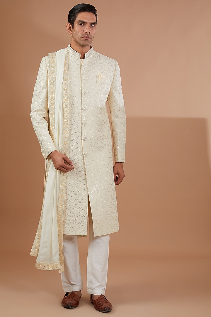 Ivory Lucknowi Fabric Wedding Sherwani Set by SBJ at Pernia's Pop Up Shop