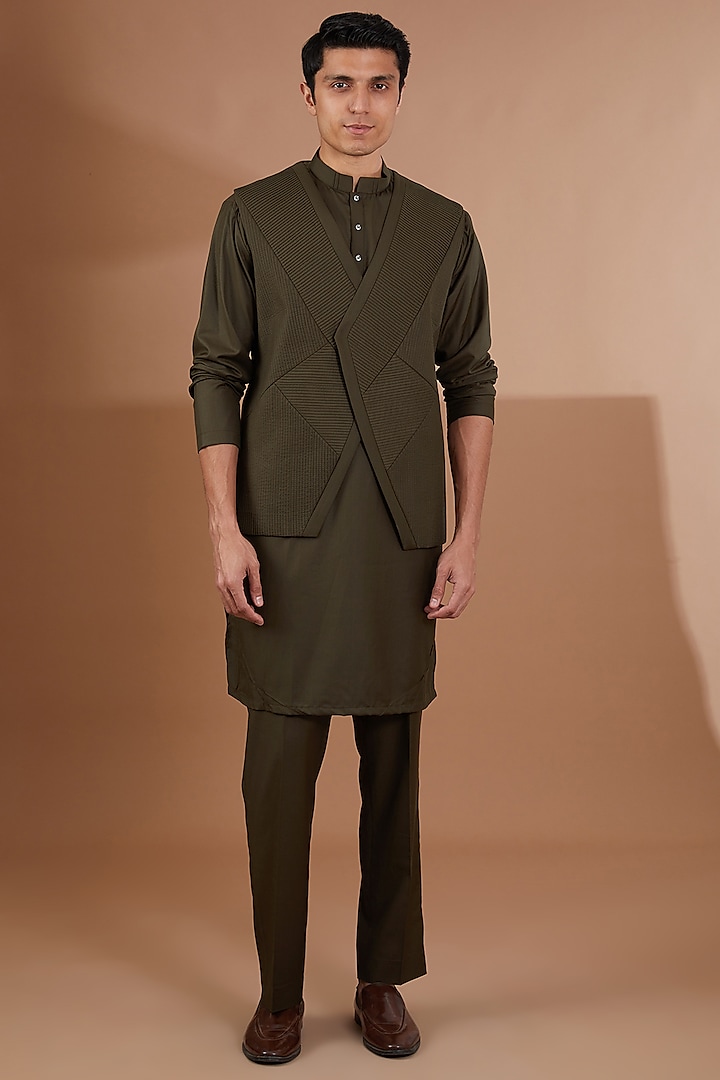 Green Italian Terry Rayon Nehru Jacket Set by SBJ