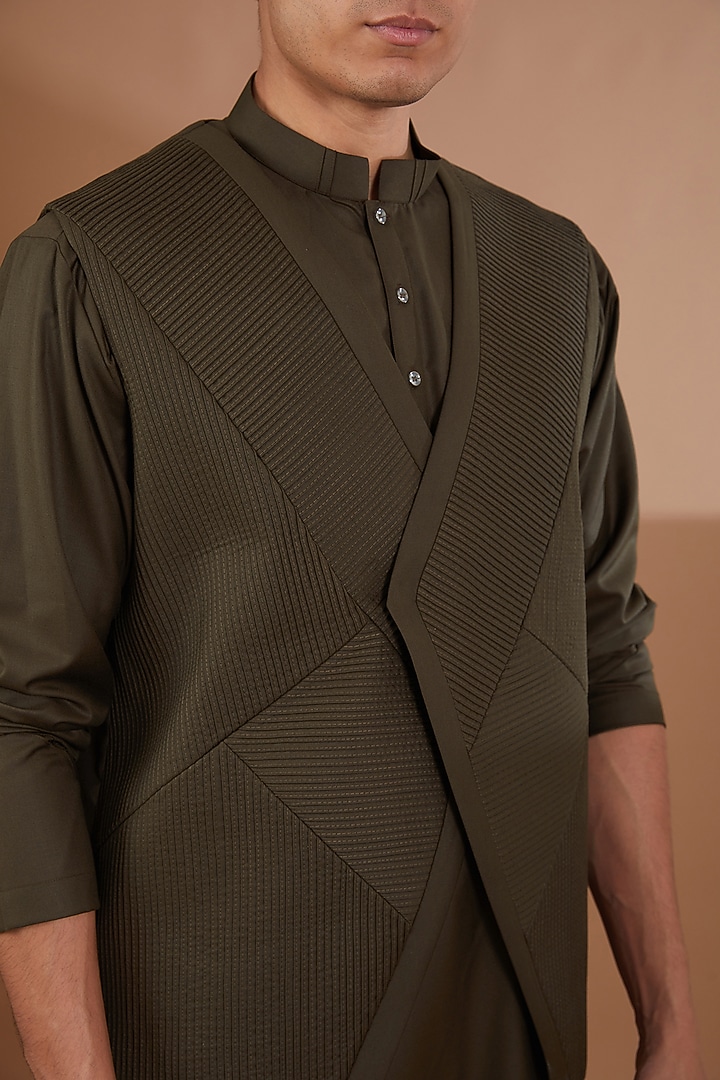 Green Italian Terry Rayon Nehru Jacket Set by SBJ at Pernia's Pop Up Shop
