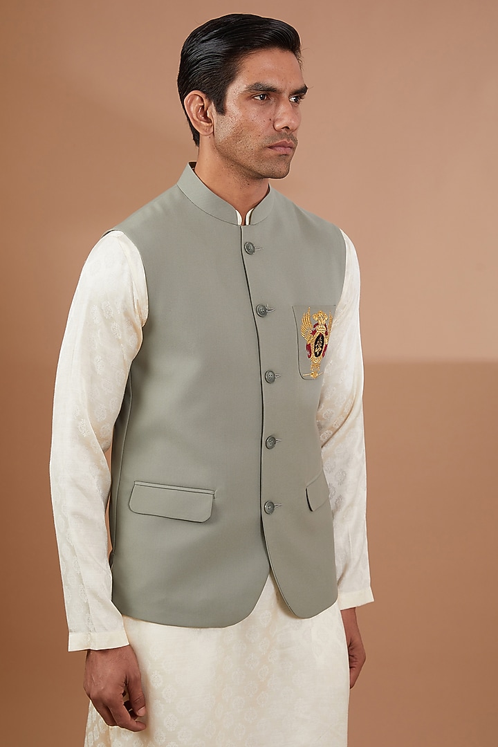 Grey Italian Terry Rayon Nehru Jacket Set by SBJ at Pernia's Pop Up Shop