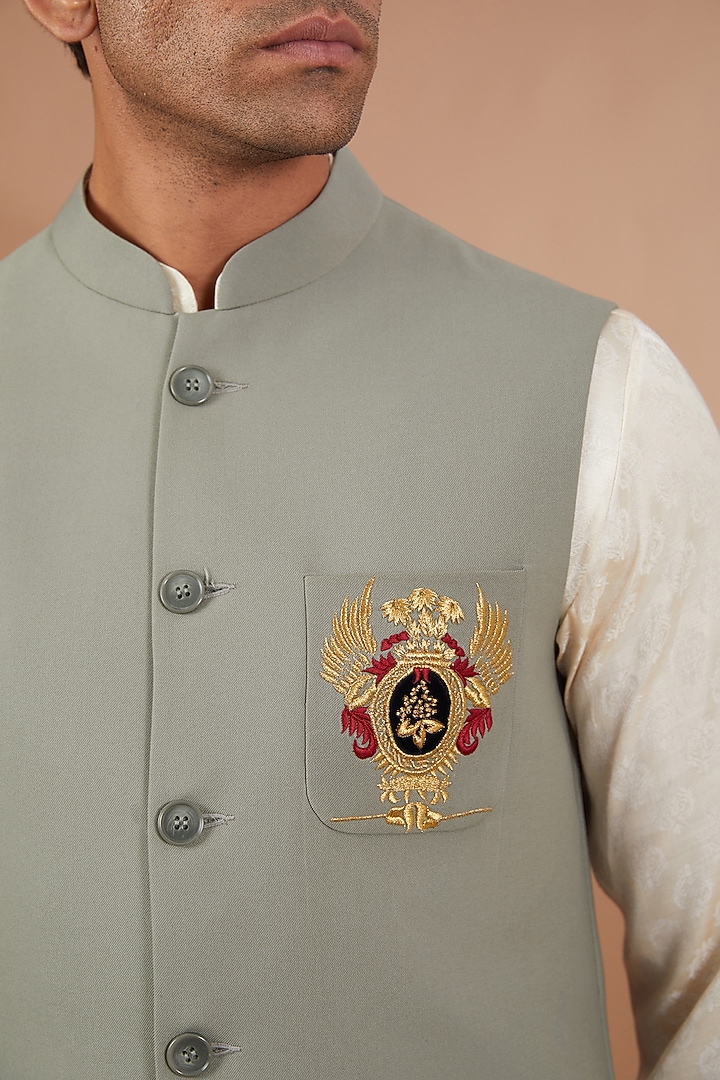 Grey Italian Terry Rayon Nehru Jacket Set by SBJ at Pernia's Pop Up Shop