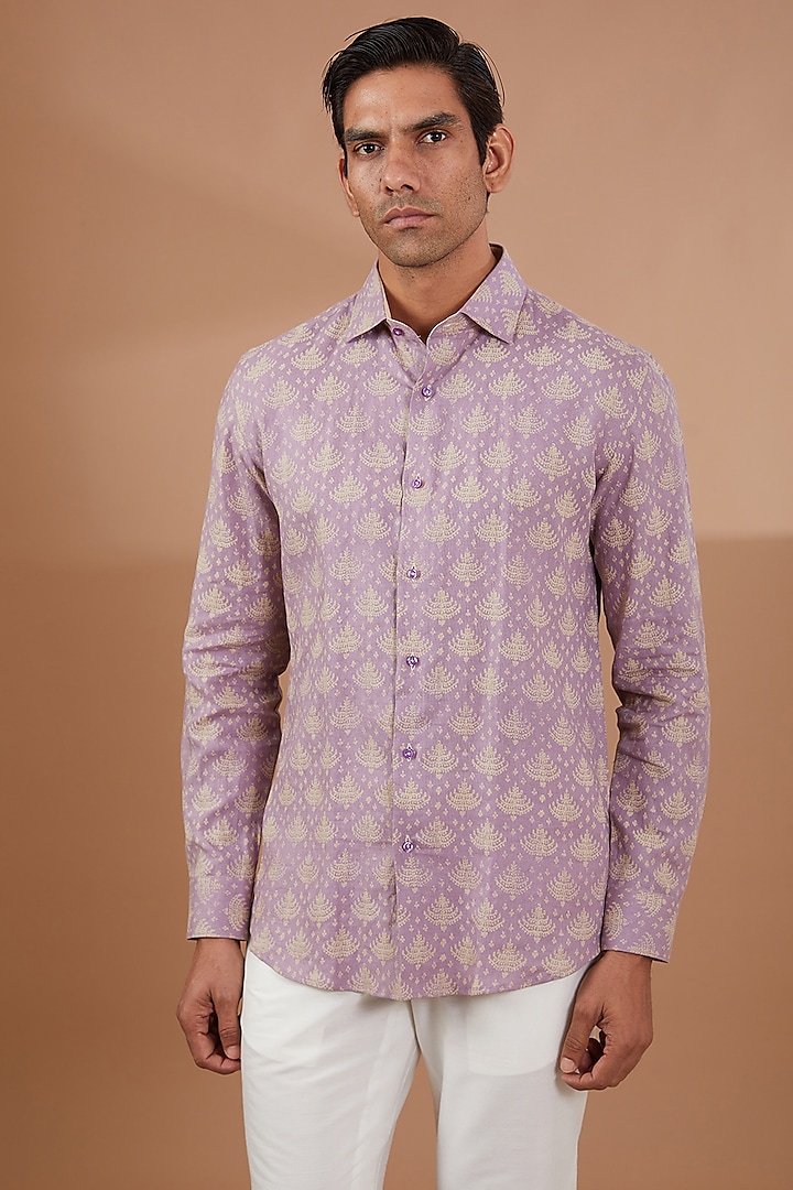 Purple Linen Printed Shirt by SBJ