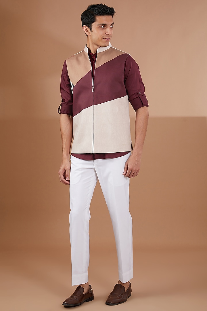 Maroon Cotton Waistcoat With Shirt by SBJ