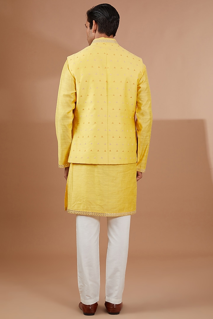 Yellow Silk Embroidered Nehru Jacket Set by SBJ at Pernia's Pop Up Shop