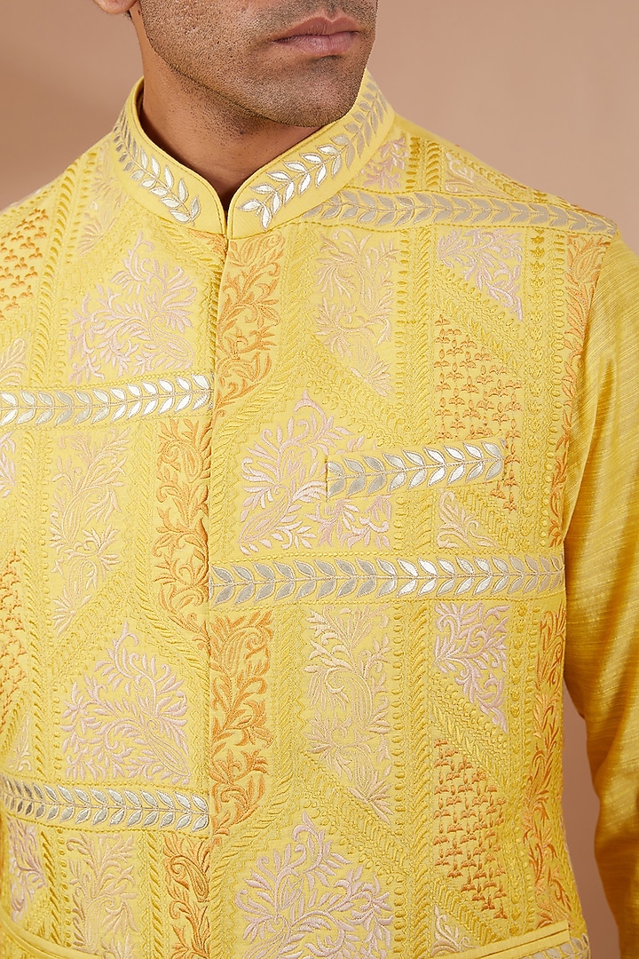 Yellow Silk Embroidered Nehru Jacket Set by SBJ at Pernia's Pop Up Shop