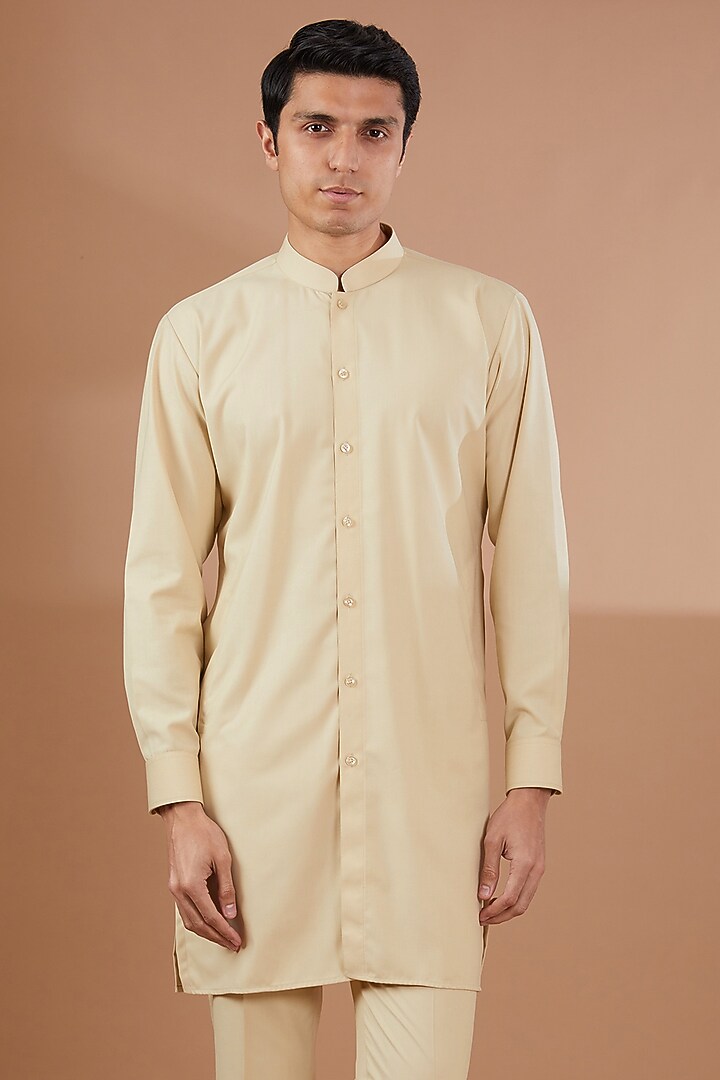 Beige Italian Terry Wool Nehru Jacket Set by SBJ at Pernia's Pop Up Shop