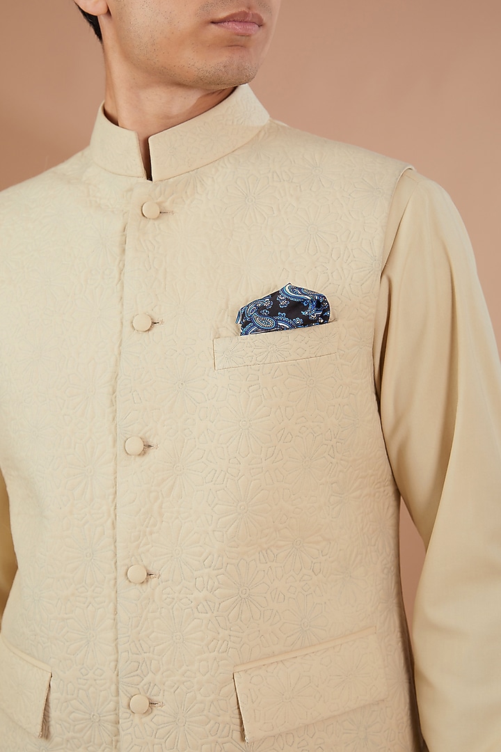 Beige Italian Terry Wool Nehru Jacket Set by SBJ at Pernia's Pop Up Shop
