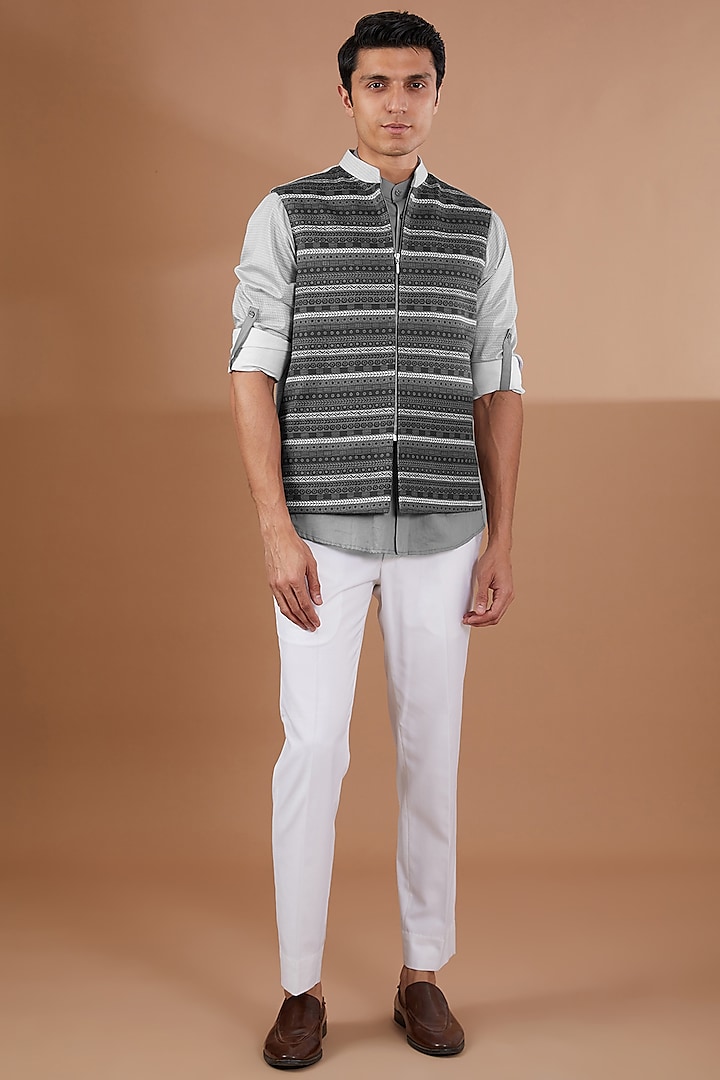 Grey Italian Jacquard Nehru Jacket by SBJ at Pernia's Pop Up Shop