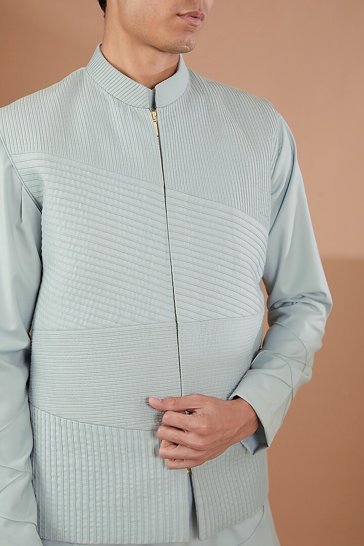 Blue Italian Terry Rayon Nehru Jacket Set by SBJ at Pernia's Pop Up Shop