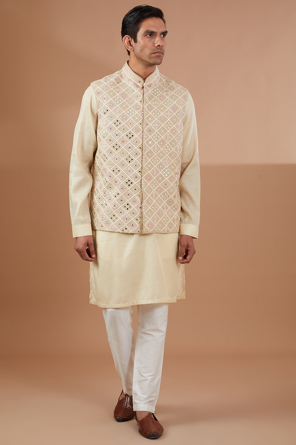 Ivory Silk Embroidered Nehru Jacket Set by SBJ