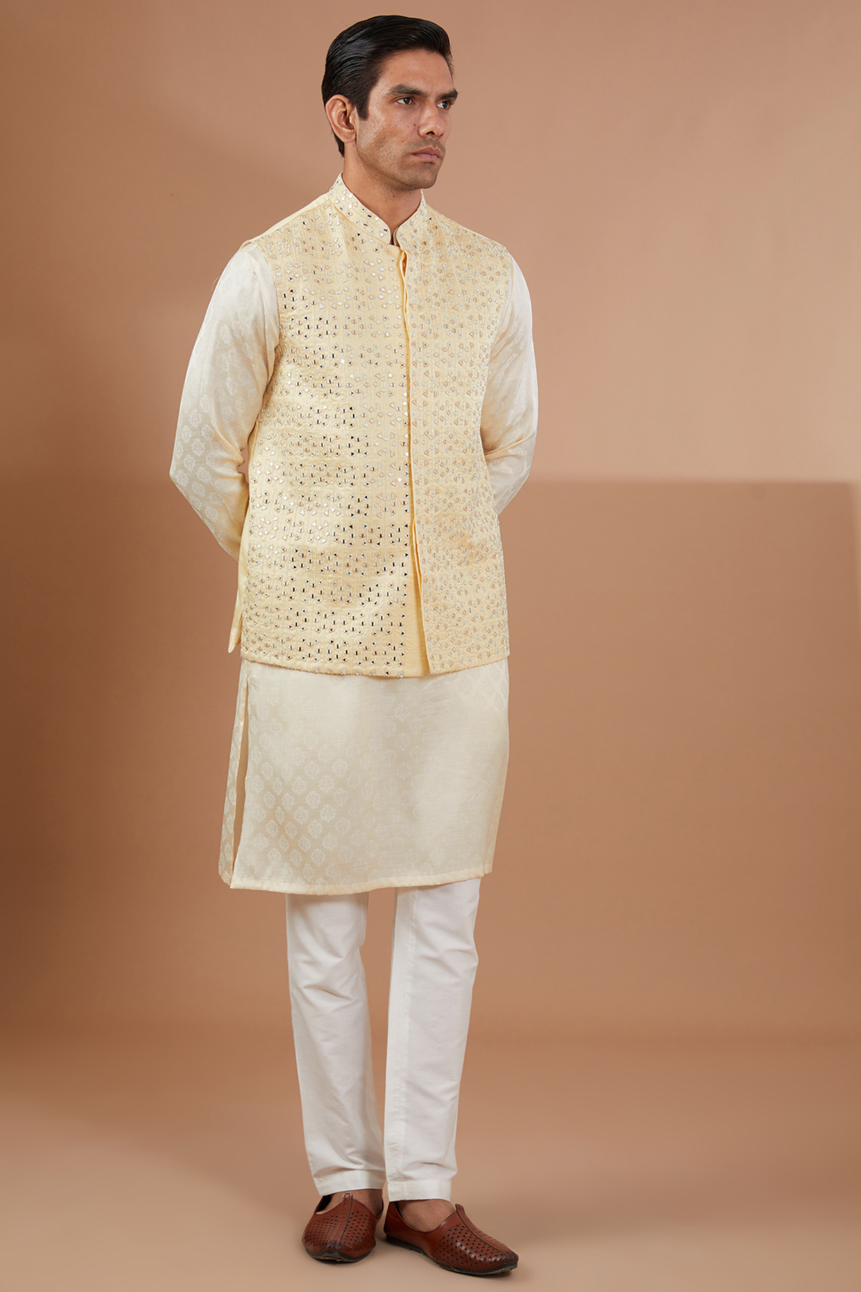 Ivory Silk Jacquard Nehru Jacket Set by SBJ