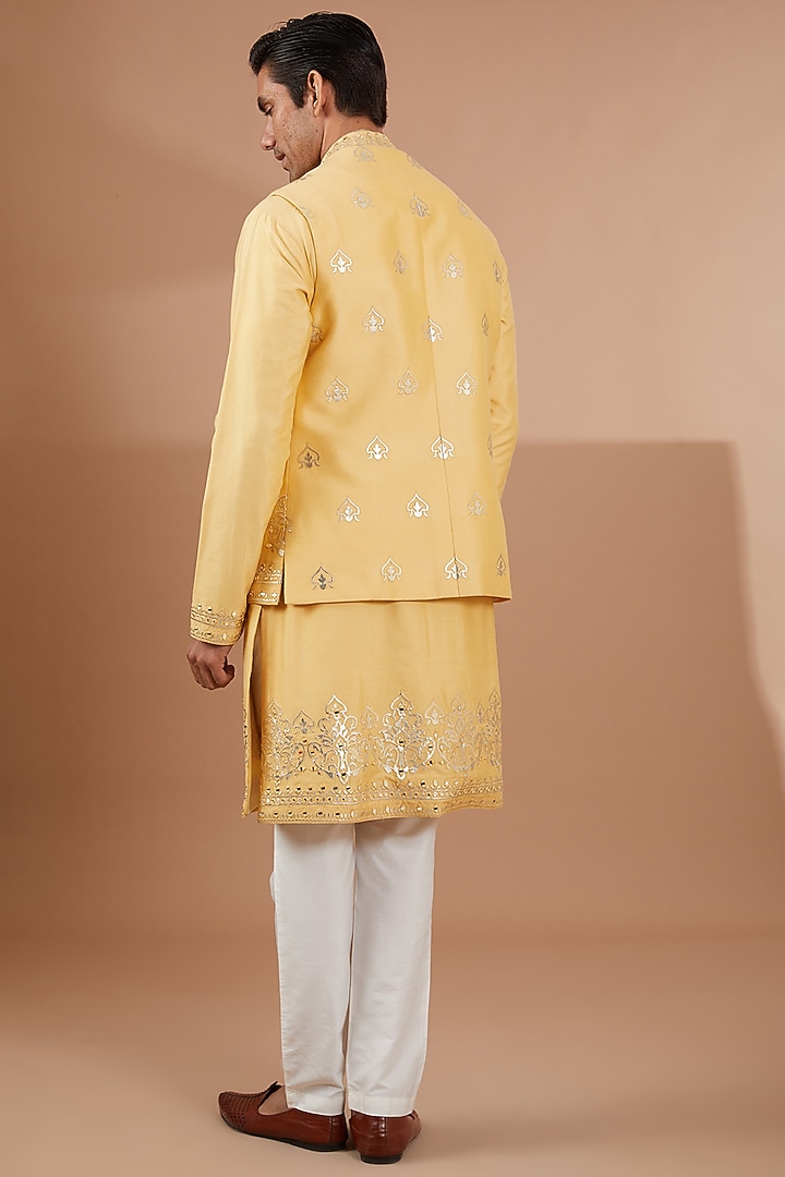 Yellow Silk Patchwork Nehru Jacket Set by SBJ at Pernia's Pop Up Shop