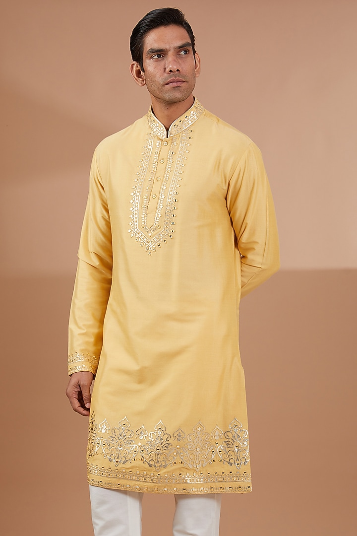 Yellow Silk Patchwork Nehru Jacket Set by SBJ at Pernia's Pop Up Shop