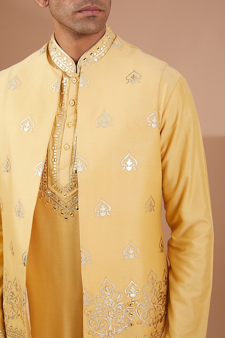 Yellow Silk Patchwork Nehru Jacket Set by SBJ at Pernia's Pop Up Shop